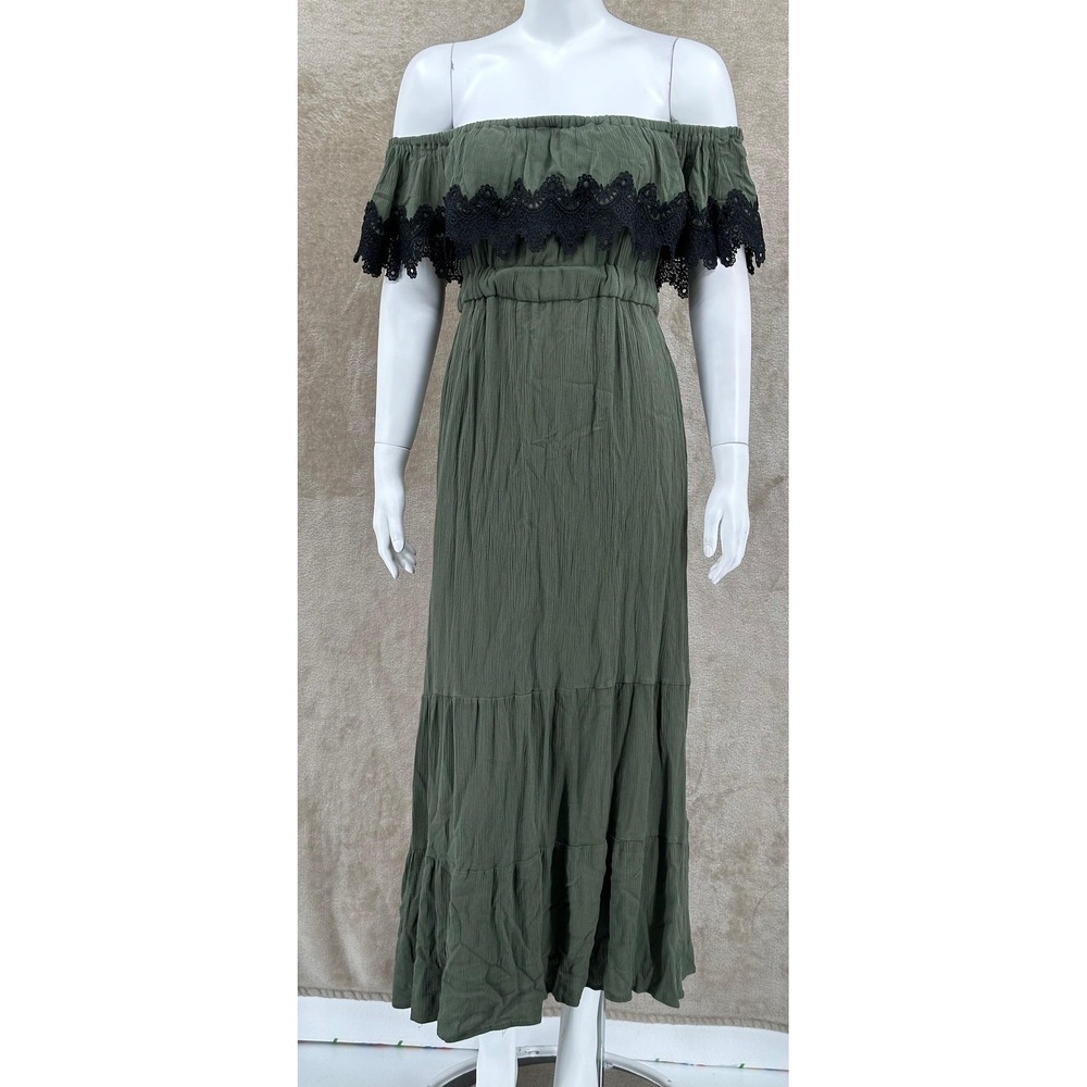 Romeo + Juliet Dress Women Large Olive Green Off the Shoulder Maxi Boho Vacation